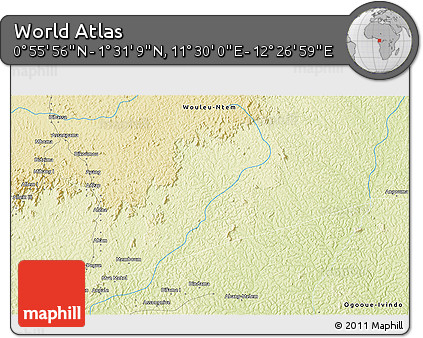 Physical 3D Map of the Area around 1° 13' 33" N, 11° 58' 29" E