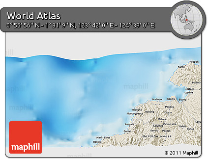 Shaded Relief 3D Map of the Area around 1° 13' 33" N, 124° 10' 30" E
