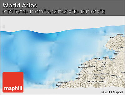 Shaded Relief 3D Map of the Area around 1° 13' 33" N, 124° 10' 30" E
