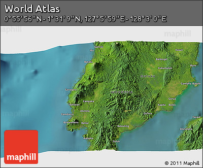 Satellite 3D Map of the Area around 1° 13' 33" N, 127° 34' 30" E