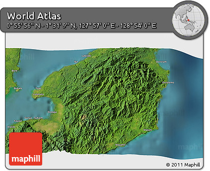 Satellite 3D Map of the Area around 1° 13' 33" N, 128° 25' 30" E