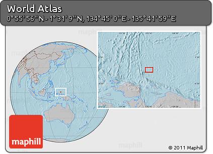 Gray Location Map of the Area around 1° 13' 33" N, 135° 13' 29" E, hill shading