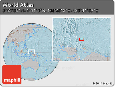 Gray Location Map of the Area around 1° 13' 33" N, 135° 13' 29" E, hill shading