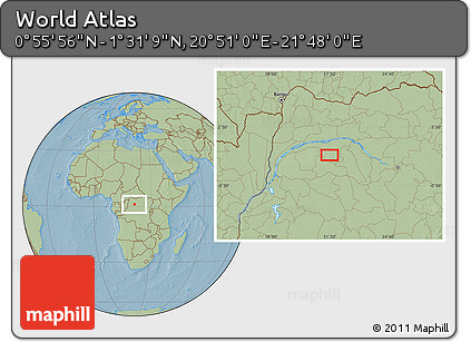 Savanna Style Location Map of the Area around 1° 13' 33" N, 21° 19' 30" E, hill shading