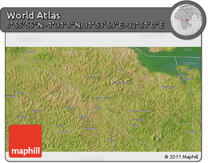 Satellite 3D Map of the Area around 1° 13' 33" N, 32° 22' 30" E