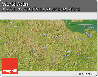 Satellite 3D Map of the Area around 1° 13' 33" N, 32° 22' 30" E
