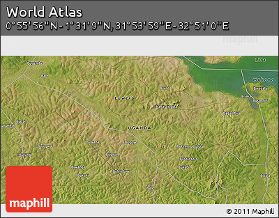 Satellite 3D Map of the Area around 1° 13' 33" N, 32° 22' 30" E