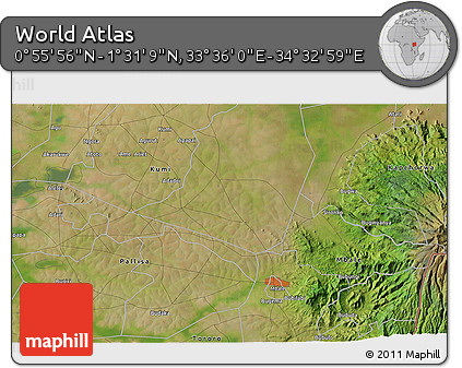 Satellite 3D Map of the Area around 1° 13' 33" N, 34° 4' 30" E