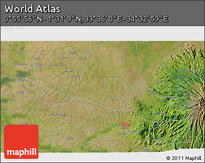 Satellite 3D Map of the Area around 1° 13' 33" N, 34° 4' 30" E