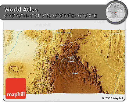 Physical 3D Map of the Area around 1° 13' 33" N, 36° 37' 30" E