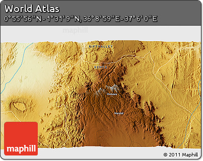 Physical 3D Map of the Area around 1° 13' 33" N, 36° 37' 30" E