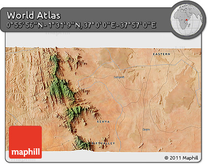 Satellite 3D Map of the Area around 1° 13' 33" N, 37° 28' 30" E