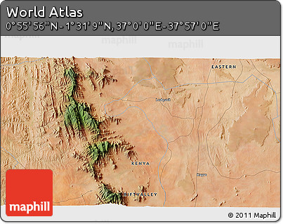 Satellite 3D Map of the Area around 1° 13' 33" N, 37° 28' 30" E
