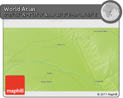 Physical 3D Map of the Area around 1° 13' 33" N, 39° 10' 29" E