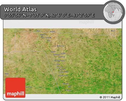 Satellite 3D Map of the Area around 1° 13' 33" N, 42° 34' 30" E