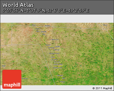 Satellite 3D Map of the Area around 1° 13' 33" N, 42° 34' 30" E