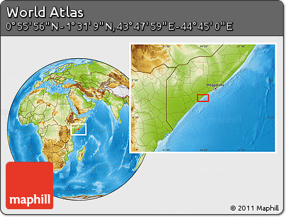 Physical Location Map of the Area around 1° 13' 33" N, 44° 16' 29" E