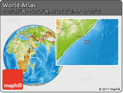 Physical Location Map of the Area around 1° 13' 33" N, 46° 49' 30" E