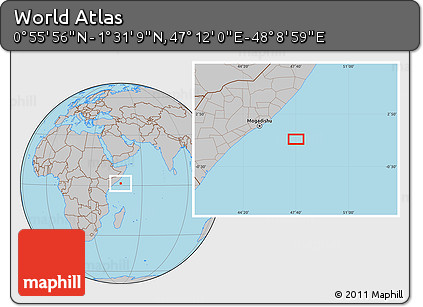 Gray Location Map of the Area around 1° 13' 33" N, 47° 40' 29" E