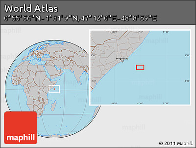 Gray Location Map of the Area around 1° 13' 33" N, 47° 40' 29" E