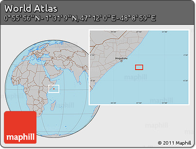 Gray Location Map of the Area around 1° 13' 33" N, 47° 40' 29" E