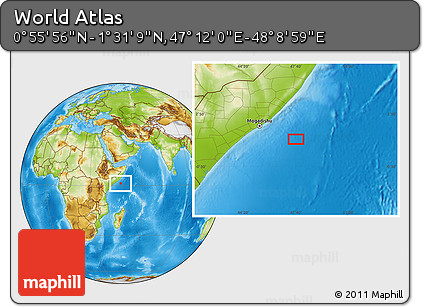 Physical Location Map of the Area around 1° 13' 33" N, 47° 40' 29" E