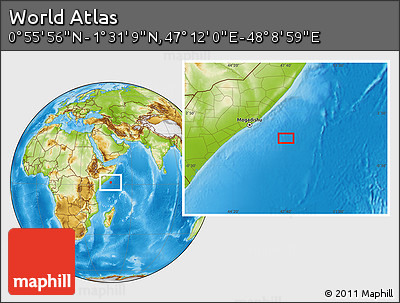 Physical Location Map of the Area around 1° 13' 33" N, 47° 40' 29" E