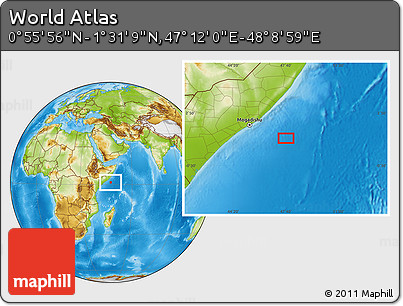 Physical Location Map of the Area around 1° 13' 33" N, 47° 40' 29" E