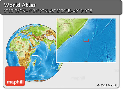 Physical Location Map of the Area around 1° 13' 33" N, 48° 31' 29" E
