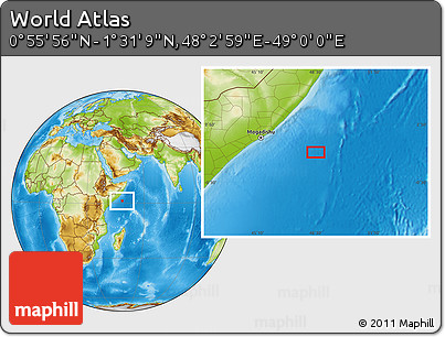 Physical Location Map of the Area around 1° 13' 33" N, 48° 31' 29" E