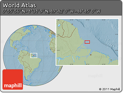 Savanna Style Location Map of the Area around 1° 13' 33" N, 49° 13' 30" W, hill shading