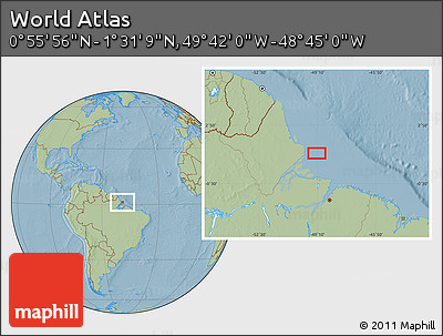 Savanna Style Location Map of the Area around 1° 13' 33" N, 49° 13' 30" W, hill shading