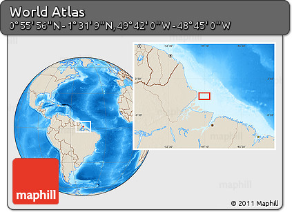 Shaded Relief Location Map of the Area around 1° 13' 33" N, 49° 13' 30" W