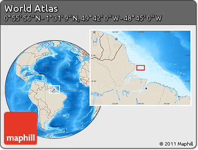 Shaded Relief Location Map of the Area around 1° 13' 33" N, 49° 13' 30" W