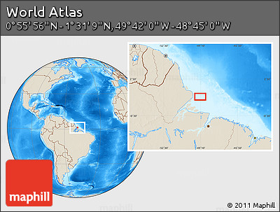Shaded Relief Location Map of the Area around 1° 13' 33" N, 49° 13' 30" W