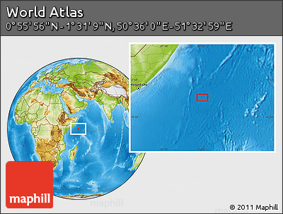 Physical Location Map of the Area around 1° 13' 33" N, 51° 4' 30" E