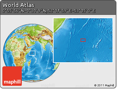 Physical Location Map of the Area around 1° 13' 33" N, 52° 46' 29" E