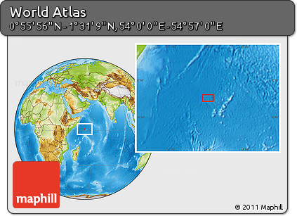 Physical Location Map of the Area around 1° 13' 33" N, 54° 28' 30" E