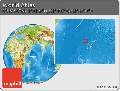 Physical Location Map of the Area around 1° 13' 33" N, 54° 28' 30" E
