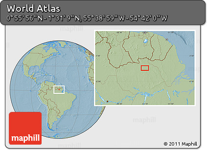 Savanna Style Location Map of the Area around 1° 13' 33" N, 55° 10' 29" W, hill shading