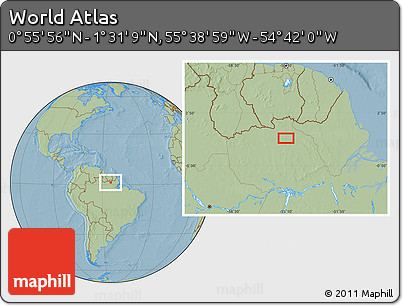 Savanna Style Location Map of the Area around 1° 13' 33" N, 55° 10' 29" W, hill shading