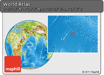Physical Location Map of the Area around 1° 13' 33" N, 57° 52' 30" E