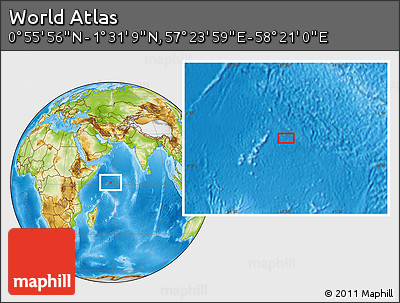 Physical Location Map of the Area around 1° 13' 33" N, 57° 52' 30" E