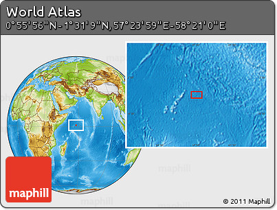 Physical Location Map of the Area around 1° 13' 33" N, 57° 52' 30" E