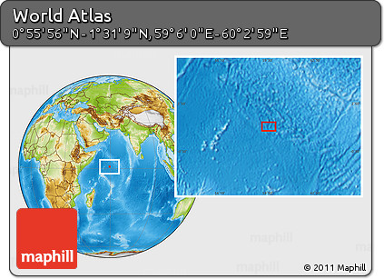 Physical Location Map of the Area around 1° 13' 33" N, 59° 34' 30" E