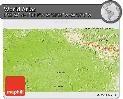Physical 3D Map of the Area around 1° 13' 33" N, 59° 25' 29" W