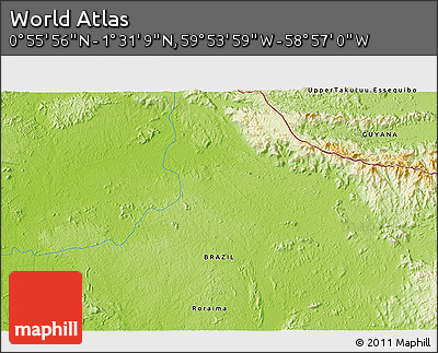 Physical 3D Map of the Area around 1° 13' 33" N, 59° 25' 29" W