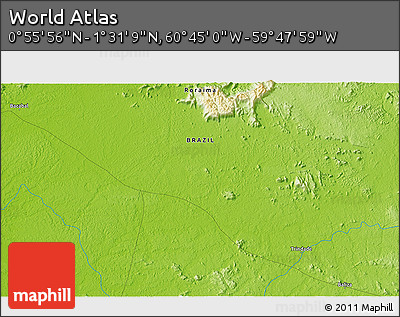 Physical 3D Map of the Area around 1° 13' 33" N, 60° 16' 29" W