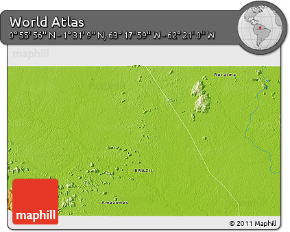 Physical 3D Map of the Area around 1° 13' 33" N, 62° 49' 30" W