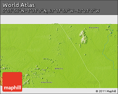 Physical 3D Map of the Area around 1° 13' 33" N, 62° 49' 30" W